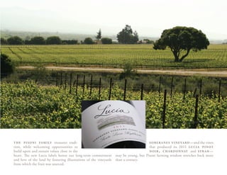 the pisoni family treasures tradi-
tion, while welcoming opportunities to
build upon and sustain values close to the
heart. The new Lucia labels honor our long-term commitment
and love of the land by featuring illustrations of the vineyards
from which the fruit was sourced.
soberanes vineyard—and the vines
that produced its 2011 lucia pinot
noir, chardonnay and syrah—
may be young, but Pisoni farming wisdom stretches back more
than a century.
 