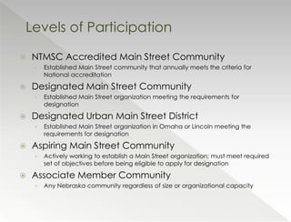 Levels of Participation

   NTMSC Accredited Main Street Community
    ›   Established Main Street community that annually meets the criteria for
        National accreditation

   Designated Main Street Community
    ›   Established Main Street organization meeting the requirements for
        designation

   Designated Urban Main Street District
    ›   Established Main Street organization in Omaha or Lincoln meeting the
        requirements for designation

   Aspiring Main Street Community
    ›   Actively working to establish a Main Street organization; must meet required
        set of objectives before being eligible to apply for designation

   Associate Member Community
    ›   Any Nebraska community regardless of size or organizational capacity
 