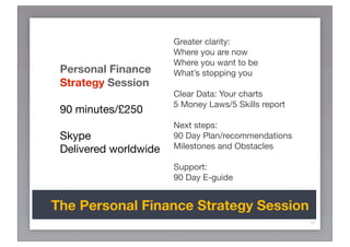 Greater clarity:
                       Where you are now
                       Where you want to be
 Personal Finance      What’s stopping you
 Strategy Session
                       Clear Data: Your charts
                       5 Money Laws/5 Skills report
 90 minutes/£250
                       Next steps:
 Skype                 90 Day Plan/recommendations
 Delivered worldwide   Milestones and Obstacles

                       Support:
                       90 Day E-guide


The Personal Finance Strategy Session
                                                      31
 