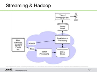 Streaming & Hadoop




http://developer.yahoo.com/blogs/ydn/posts/2013/02/storm-and-hadoop-convergence-of-big-data-and-low-latency-processing/

                                                                                                                      Page 9
            © Hortonworks Inc. 2012
 
