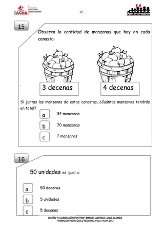 12
DISEÑO Y ELABORACIÓN POR PROF. MANUEL AMÉRICO LUQUE LLANQUI
FORMADOR PEDAGÓGICO REGIONAL PELA TACNA 2013
Observa la cantidad de manzanas que hay en cada
canasta:
.
Si juntas las manzanas de estas canastas, ¿Cuántas manzanas tendrás
en total?
50 unidades es igual a:
15
16
34 manzanasa
b
c
70 manzanas
7 manzanas
50 decenas
a
b
c
5 unidades
5 decenas
4 decenas3 decenas
 