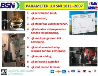 PARAMETER UJI SNI 1811–
                      PARAMETER UJI SNI 1811–2007 
                        1. uji penyerapan kejut, 
                            j p         ,
                        2. uji penetrasi, 
                        3. uji efektifitas sistem penahan, 
                        4. uji kekuatan sistem penahan 
                        4 uji kekuatan sistem penahan
                           dengan tali pemegang, 
                        5. uji untuk pergeseran tali 
                        5 uji untuk pergeseran tali
                           pemegang, 
                        6. uji ketahanan terhadap 
                        6 uji ketahanan terhadap
                           keausan dari tali pemegang, 
                        7. uji impak miring, 
                        7 uji impak miring
                        8. uji pelindung dagu dan 
                        9. uji sifat mudah terbakar.
Standards for a better innovation
and competitiveness
 