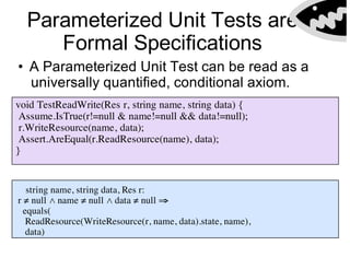 Parameterized Unit Tests are
Formal Specifications
Algebraic Specifications• A Parameterized Unit Test can be read as a
universally quantified, conditional axiom.
void TestReadWrite(Res r, string name, string data) {
Assume.IsTrue(r!=null & name!=null && data!=null);
r.WriteResource(name, data);
Assert.AreEqual(r.ReadResource(name), data);
}
string name, string data, Res r:
r ≠ null ⋀ name ≠ null ⋀ data ≠ null ⇒⇒
equals(
ReadResource(WriteResource(r, name, data).state, name),
data)
 