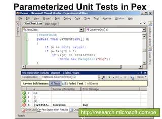 http://research.microsoft.com/pe
Parameterized Unit Tests in Pex
 