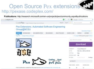 Open Source Pex extensions
http://pexase.codeplex.com/
Publications: http://research.microsoft.com/en-us/projects/pex/community.aspx#publications
 