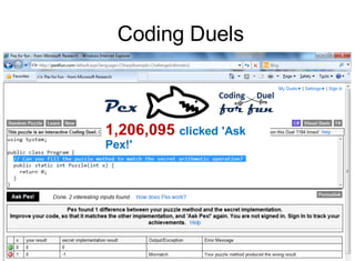 Coding Duels
1,206,095 clicked 'Ask
Pex!'
 