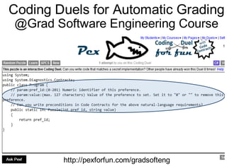 Coding Duels for Automatic Grading
@Grad Software Engineering Course
http://pexforfun.com/gradsofteng
 