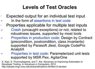 Levels of Test Oracles
• Expected output for an individual test input
– In the form of assertions in test code
• Properties applicable for multiple test inputs
– Crash (uncaught exceptions) or not, related to
robustness issues, supported by most tools
– Properties in production code: Design by Contract
(precondition, postcondition, class invariants)
supported by Parasoft Jtest, Google CodePro
AnalytiX
– Properties in test code: Parameterized unit tests
supported by MSR Pex, AgitarOne
X. Xiao, S. Thummalapenta, and T. Xie. Advances on Improving Automation in
Developer Testing. In Advances in Computers, 2012
http://people.engr.ncsu.edu/txie/publications.htm#ac12-devtest
 