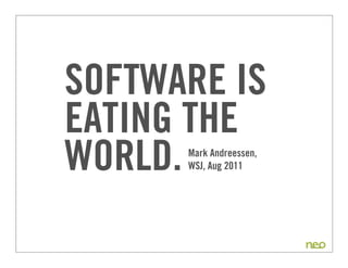 SOFTWARE IS
EATING THE
WORLD.
10
Mark Andreessen,
WSJ, Aug 2011
 