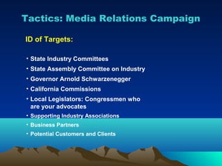 Tactics: Media Relations Campaign

ID of Targets:

• State Industry Committees
• State Assembly Committee on Industry
• Governor Arnold Schwarzenegger
• California Commissions
• Local Legislators: Congressmen who
  are your advocates
• Supporting Industry Associations
• Business Partners
• Potential Customers and Clients
 