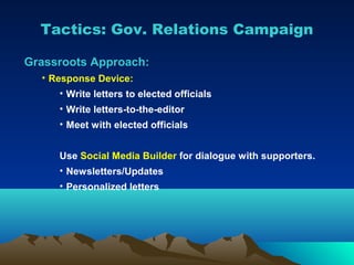 Tactics: Gov. Relations Campaign

Grassroots Approach:
  • Response Device:
     • Write letters to elected officials
     • Write letters-to-the-editor
     • Meet with elected officials


     Use Social Media Builder for dialogue with supporters.
     • Newsletters/Updates
     • Personalized letters
 