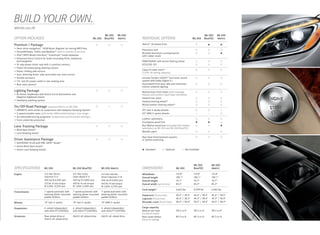 BUILD YOUR OWN.
 
MBUSA.com/M

                                                                                        ML 350       ML 550                                                                    ML 350       ML 550
OPTION PACKAGES                                                               ML 350    BlueTEC      4matic     INDIVIDUAL OPTIONS                                 ML 350      BlueTEC      4matic

Premium 1 Package                                                                                               4matic™ all-wheel drive                                                        
• Hard- drive navigation, 10GB Music Register for storing MP3 files
                          21
                                                                                                                Panorama roof
•  iriusXM Radio, Traffic and Weather20 (with 6 months of service)
  S
                                                                                                                Brushed aluminum running boards                                                 
• Pod®/MP3 Media Interface,19 Gracenote® media database
  i                                                                                                             with rubber studs
•  nhanced Voice Control for audio (including iPod), telephone
  E
  and navigation                                                                                                PARKTRONIC with Active Parking Assist
•  0 -way power driver seat with 3 - position memory
  1                                                                                                             KEYLESS - GO
•  ower tilt/telescoping steering column
  P
                                                                                                                Class III trailer hitch14
•  ower -folding side mirrors
  P
                                                                                                                (7,200 -lb towing capacity)
• Auto -dimming driver - side and inside rear view mirrors
• Double sunvisors                                                                                              harman/kardon LOGIC7® surround - sound
•  15 - volt AC power outlet in rear seating area
  1                                                                                                             system with Dolby Digital 5.1
• Rear view camera11                                                                                            Illuminated front door sills and multicolor
                                                                                                                interior ambient lighting
Lighting Package                                                                                                Multicontour front seats (with massage
•  i-Xenon headlamps with Active Curve Illumination and
  B                                                                                                             feature and comfort-type head restraints)
  Adaptive Highbeam Assist                                                                                      Heated rear seats
• Headlamp washing system                                                                                       Heated steering wheel26
                                                                                                                Wood/leather steering wheel26
On/Off-Road Package (requires 4matic on ML 350)                                             —
• AIRMATIC semi-active air suspension with Adaptive Damping System                                              20 twin 5-spoke wheels                                                         —
• 2-speed transfer case (with center differential locking in low range)                                         20 AMG 5-spoke wheels                               —             —
• Six selectable driving programs6 (suspension and drivetrain settings)
                                                                                                                Leather upholstery
• Front underride protection
                                                                                                                Eucalyptus wood trim                                                          —
Lane Tracking Package                                                                                           Burl Walnut wood trim (included with leather                                    
                                                                                                                upholstery on ML 350 and ML 350 BlueTEC)
• Blind Spot Assist10
                                                                                                                Metallic paint
• Lane Keeping Assist 9
                                                                                                                Rear Seat Entertainment system,
Driver Assistance Package                                                                                       or system prewiring
• DISTRONIC PLUS with PRE - SAFE ® Brake15
• Active Blind Spot Assist10
• Active Lane Keeping Assist9                                                                                     Standard	           Optional	        —  Not Available




                                                                                                                                                                   ML 350              ML 550
SPECIFICATIONS                 ML 350                     ML 350 BlueTEC             ML 550 4matic              DIMENSIONS                         ML 350          BlueTEC             4matic

Engine                         3.5‑liter Direct           3.0 ‑liter turbo           4.6‑liter biturbo          Wheelbase                          114.8          114.8              114.8
                               Injection V‑6              clean diesel V‑6           Direct Injection V‑8       Overall length                     189.1          189.1              189.1
                               302 hp @ 6,500 rpm         240 hp @ 3,800 rpm         402 hp @ 5,000 rpm         Overall height                     70.7           70.7               70.7
                               273 lb ‑ft net torque      455 lb ‑ft net torque      443 lb ‑ft net torque      Overall width (w/mirrors)          84.3           84.3               84.3
                               @ 3,500–5,250 rpm          @ 1,600–2,400 rpm          @ 1,600–4,750 rpm
                                                                                                                Curb weight27                      4,652 lbs       5,038 lbs           4,982 lbs
Transmission                   7-speed automatic with 7- speed automatic with 7-speed automatic with
                               steering wheel - mounted steering wheel - mounted steering wheel -mounted        Headroom (front/rear)              40.4 / 38.5   40.4 / 38.5       40.4 / 38.5
                               paddle shifters          paddle shifters          paddle shifters                                                   40.3 / 38.4   40.3 / 38.4       40.3 / 38.4
                                                                                                                Legroom (front/rear)
Wheels                         19 twin 5‑ spoke          19 twin 5‑ spoke          19 AMG 5‑spoke            Shoulder room (front/rear)         58.5 / 58.4   58.5 / 58.4       58.5 / 58.4

Suspension                     4 -wheel independent       4 -wheel independent       4 -wheel independent       Cargo capacity
                               with AGILITY CONTROL       with AGILITY CONTROL       with AGILITY CONTROL       Behind rear seat                   38.2 cu ft      38.2 cu ft          38.2 cu ft
                                                                                                                (to top of seats)
Drivetrain                     Rear-wheel drive or        4matic all - wheel drive   4matic all - wheel drive   Rear seats folded                  80.3 cu ft      80.3 cu ft          80.3 cu ft
                               4matic all - wheel drive                                                         (floor to ceiling)
 