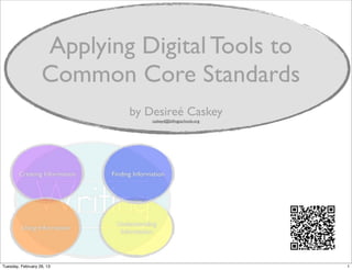 Applying Digital Tools to
                  Common Core Standards
                          by Desireé Caskey
                              caskeyd@billingsschools.org




Monday, March 4, 13
 