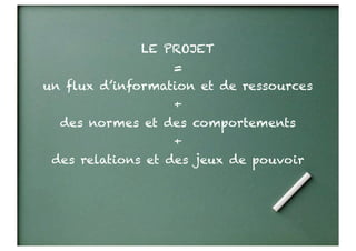 LE PROJET
                  =
un flux d’information et de ressources
                  +
  des normes et des comportements
                  +
 des relations et des jeux de pouvoir
 