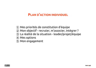 PLAN D'ACTION INDIVIDUEL


1   Mes priorités de constitution d'équipe
2   Mon objectif - recruter, m'associer, intégrer ?
3   La réalité de la situation - leader/projet/équipe
4   Mes options
5   Mon engagement
 