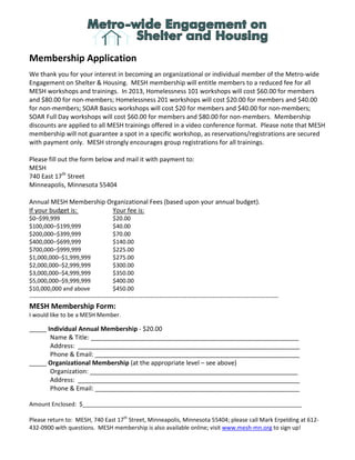 Membership Application
We thank you for your interest in becoming an organizational or individual member of the Metro-wide
Engagement on Shelter & Housing. MESH membership will entitle members to a reduced fee for all
MESH workshops and trainings. In 2013, Homelessness 101 workshops will cost $60.00 for members
and $80.00 for non-members; Homelessness 201 workshops will cost $20.00 for members and $40.00
for non-members; SOAR Basics workshops will cost $20 for members and $40.00 for non-members;
SOAR Full Day workshops will cost $60.00 for members and $80.00 for non-members. Membership
discounts are applied to all MESH trainings offered in a video conference format. Please note that MESH
membership will not guarantee a spot in a specific workshop, as reservations/registrations are secured
with payment only. MESH strongly encourages group registrations for all trainings.

Please fill out the form below and mail it with payment to:
MESH
740 East 17th Street
Minneapolis, Minnesota 55404

Annual MESH Membership Organizational Fees (based upon your annual budget).
If your budget is:      Your fee is:
$0–$99,999                             $20.00
$100,000–$199,999                      $40.00
$200,000–$399,999                      $70.00
$400,000–$699,999                      $140.00
$700,000–$999,999                      $225.00
$1,000,000–$1,999,999                  $275.00
$2,000,000–$2,999,999                  $300.00
$3,000,000–$4,999,999                  $350.00
$5,000,000–$9,999,999                  $400.00
$10,000,000 and above                  $450.00
---------------------------------------------------------------------------------------------------------------------
MESH Membership Form:
I would like to be a MESH Member.

_____ Individual Annual Membership - $20.00
       Name & Title: ____________________________________________________________
       Address: ________________________________________________________________
       Phone & Email: ___________________________________________________________
_____ Organizational Membership (at the appropriate level – see above)
       Organization: ____________________________________________________________
       Address: ________________________________________________________________
       Phone & Email: ___________________________________________________________

Amount Enclosed: $_____________________________________________________________________

Please return to: MESH, 740 East 17th Street, Minneapolis, Minnesota 55404; please call Mark Erpelding at 612-
432-0900 with questions. MESH membership is also available online; visit www.mesh-mn.org to sign up!
 