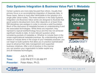 Copyright 2013 by Data Blueprint
Data Systems Integration & Business Value Part 1: Metadata
Certain systems are more data focused than others. Usually their
primary focus is on accomplishing integration of disparate data. In
these cases, failure is most often attributable to the adoption of a
single pillar (silver bullet). The three webinars in the Data Systems
Integration and Business Value series are designed to illustrate that
good systems development more often depends on at least three
DM disciplines (pie wedges) in order to provide a solid foundation.
Much of the discussion of metadata focuses on understanding it and
the associated technologies. While these are important, they
represent a typical tool/technology focus and this has not achieved
significant results to date. A more relevant question when
considering pockets of metadata is: Whether to include them in the
scope organizational metadata practices. By understanding what it
means to include items in the scope of your metadata practices, you
can begin to build systems that allow you to practice sophisticated
ways to advance their data management and supported
business initiatives. After a bit of practice in this manner
you can position your organization to better exploit any
and all metadata technologies.
Date: July 9, 2013
Time: 2:00 PM ET/11:00 AM PT
Presenter: Peter Aiken, Ph.D.
1
 