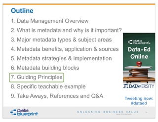 Copyright 2013 by Data Blueprint
1. Data Management Overview
2. What is metadata and why is it important?
3. Major metadat...