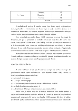134

Feminino
Masculino

43

Feminino

1 a 5 anos

27

62
TOTAL

140

A tabulação pode ser feita de maneira manual (com lápis e papel), mecânica (com
cartões perfurados – evidentemente, em desuso hoje em dia) e eletrônica (usando-se o
computador). Neste último caso, existem programas estatísticos que permitem uma tabulação
rápida e precisa, permitindo vários graus de complexidade nas análises.
Após a tabulação dos dados, Rauen (2002) recomenda o uso da distribuição de
Frequência, em que se apresentam os resultados obtidos em cada classe. De acordo com
Goode e Hatt (apud MARCONI; LAKATOS, 1999, p. 154), uma distribuição de Frequência é
a “[...] apresentação, numa coluna, de qualidades diferentes de um atributo, ou valores
diferentes de uma variável, junto com as entradas em outra coluna, mostrando a Frequência da
ocorrência de cada uma das classes”, sendo muito útil para o trabalho de análise estatística.
As Frequências podem ser absolutas (simples contagem dos resultados) ou relativas
(transformação dos resultados obtidos em percentuais), podendo ser ainda acumuladas em
cada um dos tipos (ou seja, somam-se as Frequências em cada classe).

12.4 ANÁLISE ESTATÍSTICA

A análise estatística é feita em dois níveis: descrição dos dados e avaliação de
generalizações obtidas a partir dos dados (GIL, 1995). Segundo Dencker (2000), a análise e a
descrição dos dados procuram estabelecer:
a) A tipicidade de um grupo;
b) A variação dentro do grupo;
c) As distribuições dentro do grupo em relação a determinadas variáveis;
d) A relação das diferentes variáveis entre si;
e) A descrição das diferenças entre dois ou mais grupos de indivíduos.
Nesses casos, a análise lança mão de medidas estatísticas, como média, mediana e
moda, desvio padrão, quartis, amplitude, polígono de Frequência, correlação, distribuição na
curva normal, entre outros. De acordo com Dencker (2000), existem dois tipos de análise:
condicional, que busca identificar os fatores que determinam a ocorrência de um determinado

 