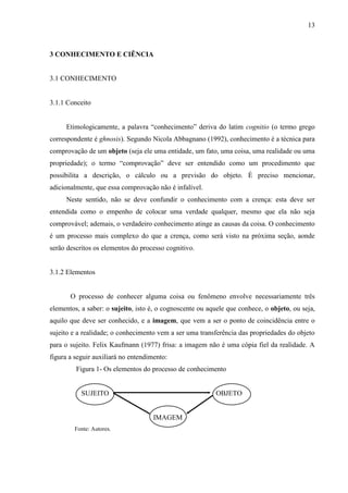 13

3 CONHECIMENTO E CIÊNCIA

3.1 CONHECIMENTO

3.1.1 Conceito
Etimologicamente, a palavra “conhecimento” deriva do latim cognitio (o termo grego
correspondente é ghnosis). Segundo Nicola Abbagnano (1992), conhecimento é a técnica para
comprovação de um objeto (seja ele uma entidade, um fato, uma coisa, uma realidade ou uma
propriedade); o termo “comprovação” deve ser entendido como um procedimento que
possibilita a descrição, o cálculo ou a previsão do objeto. É preciso mencionar,
adicionalmente, que essa comprovação não é infalível.
Neste sentido, não se deve confundir o conhecimento com a crença: esta deve ser
entendida como o empenho de colocar uma verdade qualquer, mesmo que ela não seja
comprovável; ademais, o verdadeiro conhecimento atinge as causas da coisa. O conhecimento
é um processo mais complexo do que a crença, como será visto na próxima seção, aonde
serão descritos os elementos do processo cognitivo.

3.1.2 Elementos

O processo de conhecer alguma coisa ou fenômeno envolve necessariamente três
elementos, a saber: o sujeito, isto é, o cognoscente ou aquele que conhece, o objeto, ou seja,
aquilo que deve ser conhecido, e a imagem, que vem a ser o ponto de coincidência entre o
sujeito e a realidade; o conhecimento vem a ser uma transferência das propriedades do objeto
para o sujeito. Felix Kaufmann (1977) frisa: a imagem não é uma cópia fiel da realidade. A
figura a seguir auxiliará no entendimento:
Figura 1- Os elementos do processo de conhecimento

SUJEITO

OBJETO

IMAGEM
Fonte: Autores.

 