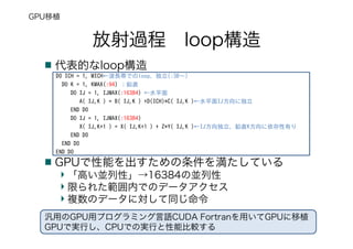 放射過程 loop構造
代表的なloop構造
GPUで性能を出すための条件を満たしている
「高い並列性」→16384の並列性
限られた範囲内でのデータアクセス
複数のデータに対して同じ命令
DO ICH = 1, MICH←波長帯でのloop、独立(:30～)
DO K = 1, KMAX(:94) ：鉛直
DO IJ = 1, IJMAX(:16384) ←水平面
A( IJ,K ) = B( IJ,K ) +D(ICH)*C( IJ,K )←水平面IJ方向に独立
END DO
DO IJ = 1, IJMAX(:16384)
X( IJ,K+1 ) = X( IJ,K+1 ) + Z*Y( IJ,K )←IJ方向独立、鉛直K方向に依存性有り
END DO
END DO
END DO
GPU移植
汎用のGPU用プログラミング言語CUDA Fortranを用いてGPUに移植
GPUで実行し、CPUでの実行と性能比較する
 