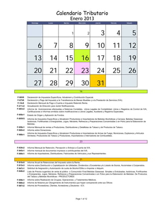 Calendario Tributario 
Enero 2013 
Domingo Lunes Martes Miercoles Jueves Viernes Sabado 
1 2 3 4 5 
6 7 8 9 10 11 12 
13 14 15 16 17 18 19 
20 21 22 23 24 25 26 
27 28 29 30 31 
16 
F-06V6 Declaración de Impuestos Específicos, Advalorem y Contribución Especial. 
F-07V6 Declaración y Pago del Impuesto a la Transferencia de Bienes Muebles y a la Prestación de Servicios (IVA). 
F-14v8 Declaración Mensual de Pago a Cuenta e Impuesto Retenido Renta. 
F-211v2 Actualización de Dirección para recibir Notificaciones. 
F-463v2 
F-950v1 
F-955V3 
F-956v1 
F-960v2 
F-988v1 
F-930v2 
F-945v1 
F-990v1 
F-910v5 
F-915v3 
F-947v1 
F-948v2 
F-958v1 
F-986v2 
F-987v2 
Informe de Autorizaciones efectuadas a Sistemas Contables, Libros Legales de Contabilidad, Libros o Registros de Control de IVA, 
Certificaciones e Informes emitidos sobre modificaciones a Libros Legales, Auxiliares y Registros Especiales. 
Estado de Origen y Aplicación de Fondos. 
Informe de Impuestos Específicos y Advalorem Productores e Importadores de Bebidas Alcohólicas y Cerveza, Bebidas Gaseosas 
Isotónicas, Fortificantes o Energizantes, Jugos, Néctares, Refrescos y Preparaciones Concentradas o en Polvo para la Elaboración de 
Bebidas. 
Informe Mensual de ventas a Productores, Distribuidores y Detallistas de Tabaco y de Productos de Tabaco. 
Informe de Impuestos Específicos y Advalorem Productores e Importadores de Armas de Fuego, Municiones, Explosivos y Artículos 
Similares; Productores de Tabaco y Productores, Importadores e Internadores de Combustibles. 
23 
Informe sobre Donaciones. 
Informe Mensual de Retención, Percepción o Anticipo a Cuenta de IVA. 
Informe mensual de documentos impresos a contribuyentes del IVA. 
Informe de Importadores, Distribuidores, Fabricantes de Vehículos y sus Representantes. 
31 
Informe Anual de Retenciones del Impuesto sobre la Renta. 
Informe sobre Distribución o Capitalización de Utilidades, Dividendos o Excedentes y/o Listado de Socios, Accionistas o Cooperados. 
Solicitud de Asignación y Autorización de cuota de Alcohol Etílico a Importar o Adquirir. 
Lista de Precios sugeridos de venta al público o Consumidor Final Bebidas Gaseosas Simples o Endulzadas, Isotónicas, Fortificantes 
o Energizantes, Jugos, Néctares, Refrescos y Preparaciones Concentradas o en Polvo para la Elaboración de Bebidas: De Productos 
del Tabaco y Bebidas Alcohólicas - PRODUCTORES 
Informe sobre Realización de Cirugías, Operaciones y Tratamientos Médicos. 
Informe de Notarios por Otorgamiento de Instrumentos que hayan comparecido ante sus Oficios 
Informe de Proveedores, Clientes, Acreedores y Deudores - ICV. 
Page 1 of 12 
 