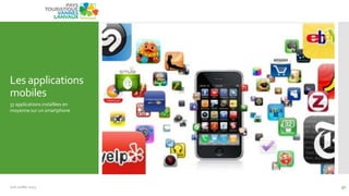 Les applications
mobiles
37 applications installées en
moyenne sur un smartphone
Juin Juillet 2013 32
 