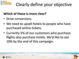 Clearly define your objective
Which of these is more clear?
• Drive conversions
• We need to upsell hotels to people who have
  purchased airline tickets.
• Currently 5% of our customers who purchase
  flights also purchase hotels. We’d like to see
  10% by the end of this campaign.
 