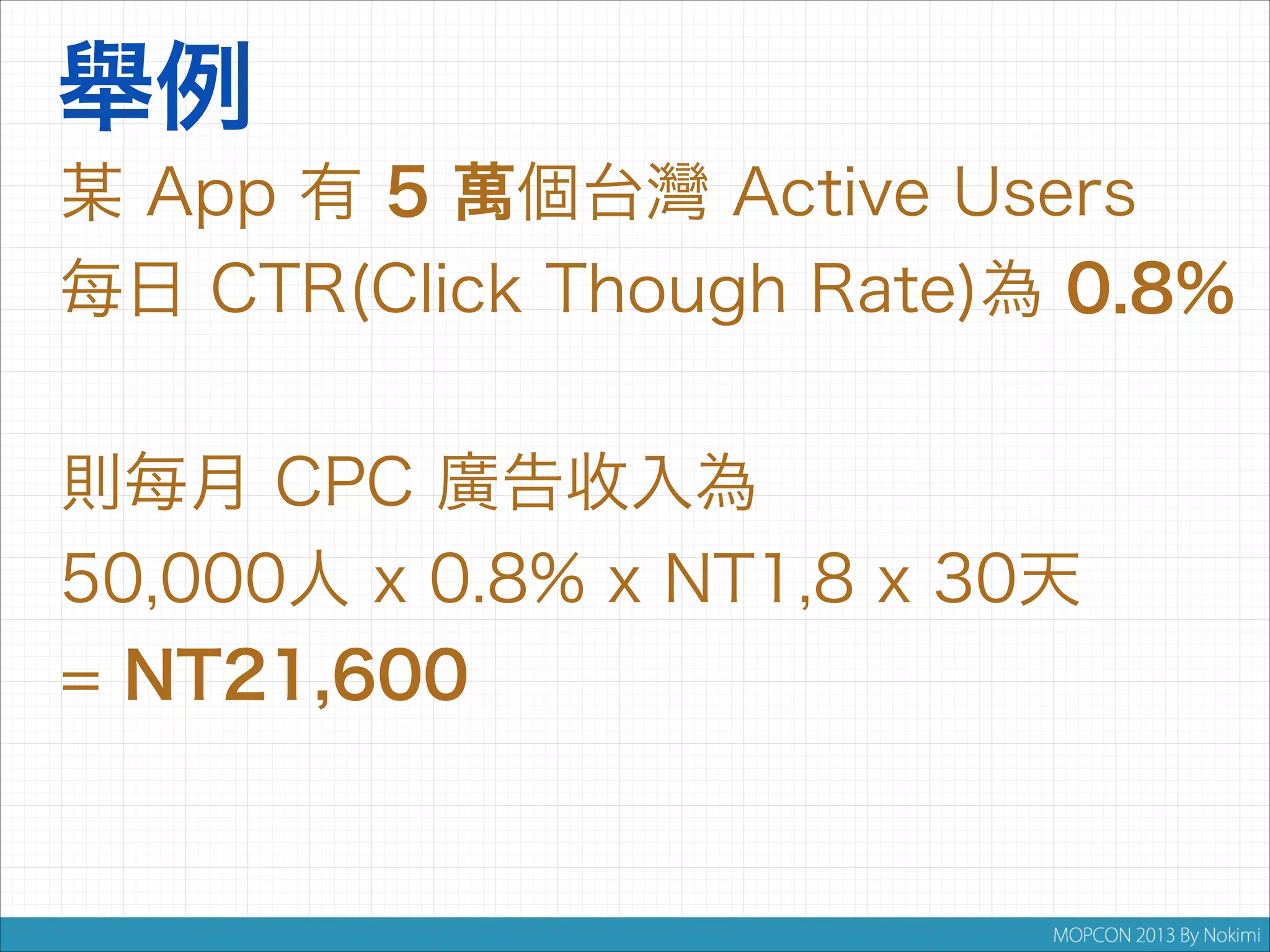 舉例
某 App 有 5 萬個台灣 Active Users
每日 CTR(Click Though Rate)為 0.8%


則每月 CPC 廣告收入為
50,000人 x 0.8% x NT1,8 x 30天
= NT21,600

 