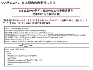 $user = new YMGT_Post(); 
$post = 
$user 
->filterByKeywordsToDesc(array(“北大")) 
->getPosts() 
->filterByKeywords(array(“盗んだ”, “パクった”)) 
->filterByMinRetweetedCount(5) 
->find(); 
（使用例）プロフィールに”北大”が含まれるユーザーが行った投稿の中で、”盗んだ”,”パ クった”を含み、5RT以上された投稿の情報を取得 
SNS炎上の分析や、実装のための予備実験を 
効率的に行う事が可能 
SELECT * FROM tweet_constantsC 
LEFT JOIN tweet_analyticsA ON C.tweet_id=A.tweet_id 
LEFT JOIN twitter_usersU ON C.tweet_user_id=U.twitter_user_id 
INNER JOIN tweet_variablesV ON C.tweet_id=V.tweet_idWHERE NOT EXISTS(SELECT * FROM tweet_variablesV2 WHERE V.tweet_id=V2.tweet_id AND V.observed_time<V2.observed_time) 
AND U.descriptionLIKE '%北大%' 
AND (C.textLIKE '%盗んだ%' OR C.textLIKE '%パクった%') AND '5' < V.retweet_count; 
システムVer. 2炎上傾向の流動性に対応  