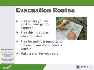 Evacuation Routes
 Plan where you will
go if an emergency
happens
 Plan driving routes
and alternates
 Plan for public transportation
options if you do not have a
vehicle
 Make a plan for your pets
10
More resources visit:
www.ready.gov/evacu
ating-yourself-and-
your-family
http://www.ready.gov/
caring-animals
www.Ready.gov/alerts
 