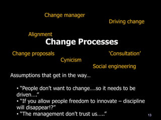 Change Processes
Change manager
Driving change
Alignment
Change proposals ‗Consultation‘
Cynicism
Social engineering
Assumptions that get in the way…
• ―People don‘t want to change….so it needs to be
driven….‖
• ―If you allow people freedom to innovate – discipline
will disappear!?‖
• ―The management don‘t trust us…..‖ 13
 