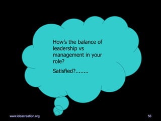How‘s the balance of
leadership vs
management in your
role?
Satisfied?........
56www.ideacreation.org
 