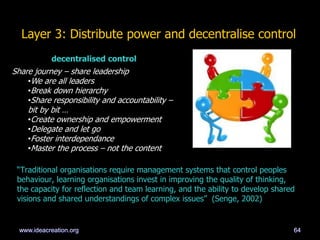 ―Traditional organisations require management systems that control peoples
behaviour, learning organisations invest in improving the quality of thinking,
the capacity for reflection and team learning, and the ability to develop shared
visions and shared understandings of complex issues‖ (Senge, 2002)
Layer 3: Distribute power and decentralise control
decentralised control
Share journey – share leadership
•We are all leaders
•Break down hierarchy
•Share responsibility and accountability –
bit by bit …
•Create ownership and empowerment
•Delegate and let go
•Foster interdependance
•Master the process – not the content
64www.ideacreation.org
 