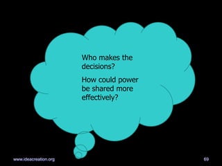 Who makes the
decisions?
How could power
be shared more
effectively?
69www.ideacreation.org
 
