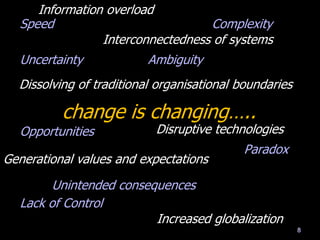 8
Speed Complexity
Uncertainty Ambiguity
Opportunities
Paradox
Unintended consequences
Lack of Control
change is changing…..
Information overload
Interconnectedness of systems
Dissolving of traditional organisational boundaries
Disruptive technologies
Generational values and expectations
Increased globalization
 