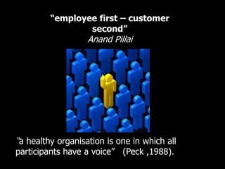 “employee first – customer
second”
Anand Pillai
―a healthy organisation is one in which all
participants have a voice‖ (Peck ,1988).
 