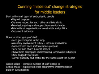 Cunning ‗inside out‘ change strategies
for middle leaders
Start with small team of enthusiastic people
•Aligned purpose
•Genuine respect for each other and friendship
•Permission giving and support from senior leader
•Trial without organisational constraints and politics
•Document evidence
Open to wider group of staff
•Keep gate keepers in the loop
•Voluntary involvement is key – intrinsic motivation
•Connect with each staff members purpose
•Seek out and share success stories
•Show them colleagues implementing achievable initiatives
•Stick doggedly to values
•Garner publicity and profile for the success not the people
Widen scope – increase number of staff opting in
Critical mass – explore full cross programme implementation
Build in sustainability
 