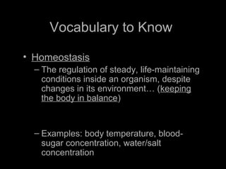 Vocabulary to Know
• Homeostasis
– The regulation of steady, life-maintaining
conditions inside an organism, despite
changes in its environment… (keeping
the body in balance)
– Examples: body temperature, blood-
sugar concentration, water/salt
concentration
 
