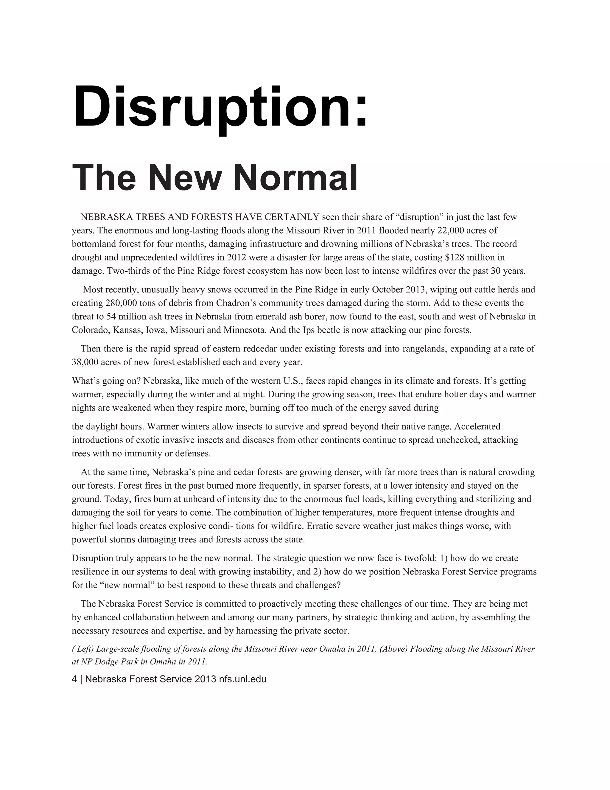 Disruption: 
The New Normal 
NEBRASKA TREES AND FORESTS HAVE CERTAINLY seen their share of “disruption” in just the last few 
years. The enormous and long­lasting floods along the Missouri River in 2011 flooded nearly 22,000 acres of 
bottomland forest for four months, damaging infrastructure and drowning millions of Nebraska’s trees. The record 
drought and unprecedented wildfires in 2012 were a disaster for large areas of the state, costing $128 million in 
damage. Two­thirds of the Pine Ridge forest ecosystem has now been lost to intense wildfires over the past 30 years. 
Most recently, unusually heavy snows occurred in the Pine Ridge in early October 2013, wiping out cattle herds and 
creating 280,000 tons of debris from Chadron’s community trees damaged during the storm. Add to these events the 
threat to 54 million ash trees in Nebraska from emerald ash borer, now found to the east, south and west of Nebraska in 
Colorado, Kansas, Iowa, Missouri and Minnesota. And the Ips beetle is now attacking our pine forests. 
Then there is the rapid spread of eastern redcedar under existing forests and into rangelands, expanding at a rate of                                       
38,000 acres of new forest established each and every year. 
What’s going on? Nebraska, like much of the western U.S., faces rapid changes in its climate and forests. It’s getting 
warmer, especially during the winter and at night. During the growing season, trees that endure hotter days and warmer 
nights are weakened when they respire more, burning off too much of the energy saved during 
the daylight hours. Warmer winters allow insects to survive and spread beyond their native range. Accelerated 
introductions of exotic invasive insects and diseases from other continents continue to spread unchecked, attacking 
trees with no immunity or defenses. 
At the same time, Nebraska’s pine and cedar forests are growing denser, with far more trees than is natural crowding 
our forests. Forest fires in the past burned more frequently, in sparser forests, at a lower intensity and stayed on the 
ground. Today, fires burn at unheard of intensity due to the enormous fuel loads, killing everything and sterilizing and 
damaging the soil for years to come. The combination of higher temperatures, more frequent intense droughts and 
higher fuel loads creates explosive condi­ tions for wildfire. Erratic severe weather just makes things worse, with 
powerful storms damaging trees and forests across the state. 
Disruption truly appears to be the new normal. The strategic question we now face is twofold: 1) how do we create 
resilience in our systems to deal with growing instability, and 2) how do we position Nebraska Forest Service programs 
for the “new normal” to best respond to these threats and challenges? 
The Nebraska Forest Service is committed to proactively meeting these challenges of our time. They are being met 
by enhanced collaboration between and among our many partners, by strategic thinking and action, by assembling the 
necessary resources and expertise, and by harnessing the private sector. 
( Left) Large­scale flooding of forests along the Missouri River near Omaha in 2011. (Above) Flooding along the Missouri River 
at NP Dodge Park in Omaha in 2011. 
4 | Nebraska Forest Service 2013 nfs.unl.edu 
 
 