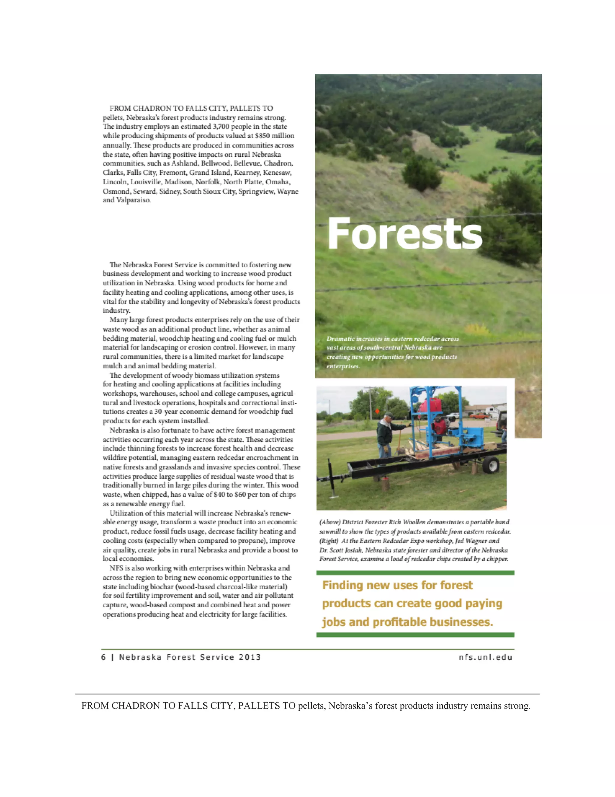  
FROM CHADRON TO FALLS CITY, PALLETS TO pellets, Nebraska’s forest products industry remains strong. 
 