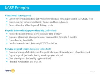 NGSE Examples
Vocational tour (group)
 Group performing multiple activities surrounding a certain profession (law, tech, etc.)
 Group can stay in both host family homes and hotels/hostels
 Ensure time for fellowship and Rotary events
Unpaid internship/apprenticeship (individual)
 Focused on an individual’s profession or area of study
 Organize placement at corporation or organization for up to 6 months
 Home hosting is suitable
 Involve intern in local Rotaract/ROTEX activities
Service project teams (group or individual)
 Group of young adults interested in particular area of focus (water, education, etc.)
 Organize participation in Rotary service project abroad
 Give participants leadership opportunities!
 Ideal for Rotaractors and ROTEX

TITLE | 6

 
