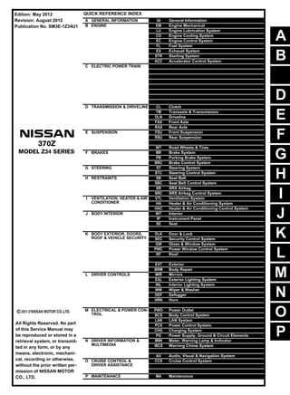 A
B
D
E
F
G
H
I
J
K
L
M
N
P
O
C
QUICK REFERENCE INDEX
A GENERAL INFORMATION GI General Information
B ENGINE EM Engine Mechanical
LU Engine Lubrication System
CO Engine Cooling System
EC Engine Control System
FL Fuel System
EX Exhaust System
STR Starting System
ACC Accelerator Control System
C ELECTRIC POWER TRAIN HBC Hybrid Control System
HBB Hybrid Battery System
HBR Hybrid Brake System
EVC EV Control System
TMS Traction Motor System
EVB EV Battery System
VC Vehicle Charging System
HCO High Voltage Cooling System
D TRANSMISSION & DRIVELINE CL Clutch
TM Transaxle & Transmission
DLN Driveline
FAX Front Axle
RAX Rear Axle
E SUSPENSION FSU Front Suspension
RSU Rear Suspension
SCS Suspension Control System
WT Road Wheels & Tires
F BRAKES BR Brake System
PB Parking Brake System
BRC Brake Control System
G STEERING ST Steering System
STC Steering Control System
H RESTRAINTS SB Seat Belt
SBC Seat Belt Control System
SR SRS Airbag
SRC SRS Airbag Control System
I VENTILATION, HEATER & AIR
CONDITIONER
VTL Ventilation System
HA Heater & Air Conditioning System
HAC Heater & Air Conditioning Control System
J BODY INTERIOR INT Interior
IP Instrument Panel
SE Seat
ADP Automatic Drive Positioner
K BODY EXTERIOR, DOORS,
ROOF & VEHICLE SECURITY
DLK Door & Lock
SEC Security Control System
GW Glass & Window System
PWC Power Window Control System
RF Roof
HD Hood
EXT Exterior
BRM Body Repair
L DRIVER CONTROLS MIR Mirrors
EXL Exterior Lighting System
INL Interior Lighting System
WW Wiper & Washer
DEF Defogger
HRN Horn
VSP Approaching Vehicle Sound for Pedestrians (VSP)
M ELECTRICAL & POWER CON-
TROL
PWO Power Outlet
BCS Body Control System
LAN LAN System
PCS Power Control System
CHG Charging System
PG Power Supply, Ground & Circuit Elements
N DRIVER INFORMATION &
MULTIMEDIA
MWI Meter, Warning Lamp & Indicator
WCS Warning Chime System
SN Sonar System
AV Audio, Visual & Navigation System
O CRUISE CONTROL &
DRIVER ASSISTANCE
CCS Cruise Control System
DAS Driver Assistance System
DMS Drive Mode System
P MAINTENANCE MA Maintenance
All Rights Reserved. No part
of this Service Manual may
be reproduced or stored in a
retrieval system, or transmit-
ted in any form, or by any
means, electronic, mechani-
cal, recording or otherwise,
without the prior written per-
mission of NISSAN MOTOR
CO., LTD.
Edition: May 2012
Revision: August 2012
Publication No. SM3E-1Z34U1
 