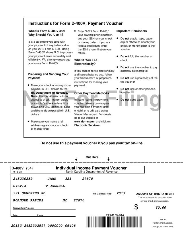 2013 north carolina_return sylvia_jarrell nc tax form d 400