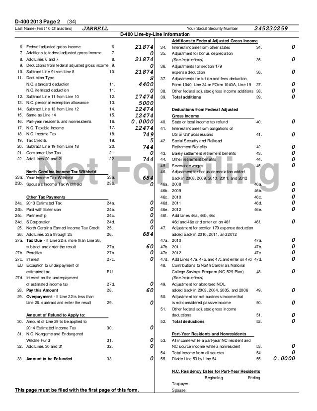 2013 north carolina_return sylvia_jarrell nc tax form d 400