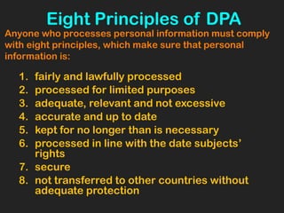 Eight Principles of DPA
1. fairly and lawfully processed
2. processed for limited purposes
3. adequate, relevant and not excessive
4. accurate and up to date
5. kept for no longer than is necessary
6. processed in line with the date subjects’
rights
7. secure
8. not transferred to other countries without
adequate protection
Anyone who processes personal information must comply
with eight principles, which make sure that personal
information is:
 