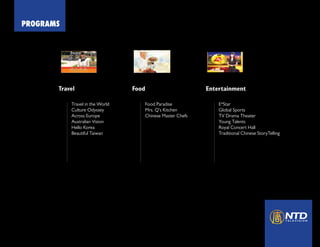 PROGRAMS
Travel Food Entertainment
Travel in the World
Culture Odyssey	
Across Europe
Australian Vision
Hello Korea
Beautiful Taiwan
Food Paradise
Mrs. Q’s Kitchen
Chinese Master Chefs
E*Star
Global Sports
TV Drama Theater
Young Talents
Royal Concert Hall
Traditional Chinese StoryTelling
 