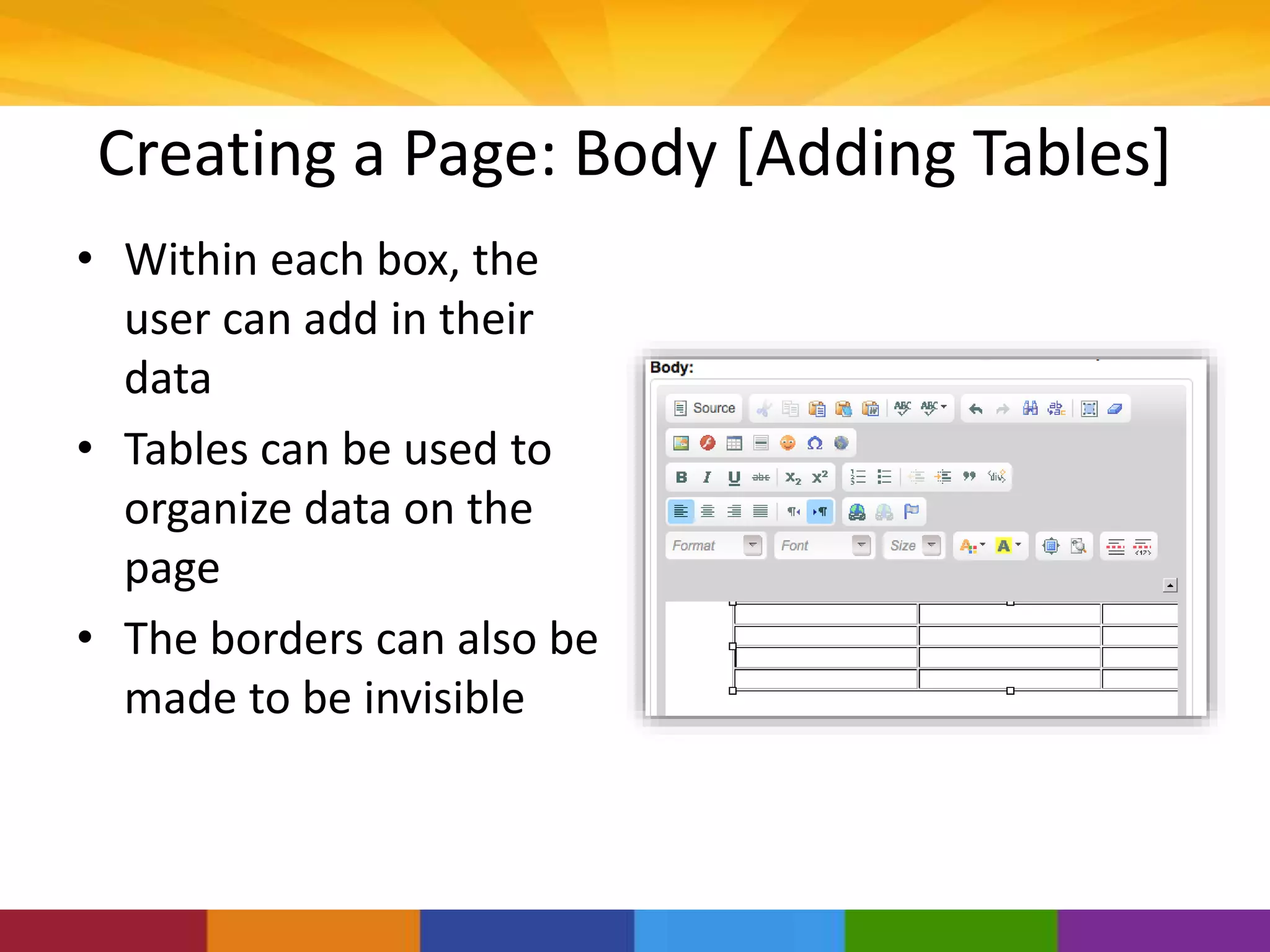Creating a Page: Body [Adding Tables]
• Within each box, the
user can add in their
data
• Tables can be used to
organize data on the
page
• The borders can also be
made to be invisible
 