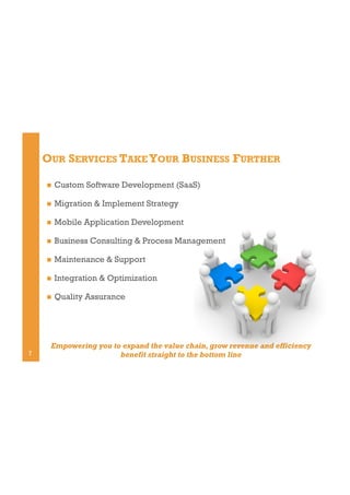 OUR SERVICES TAKE YOUR BUSINESS FURTHER
! 
! 

Migration & Implement Strategy

! 

Mobile Application Development

! 

Business Consulting & Process Management

! 

Maintenance & Support

! 

Integration & Optimization

! 

7

Custom Software Development (SaaS)

Quality Assurance

Empowering you to expand the value chain, grow revenue and efficiency
benefit straight to the bottom line

 
