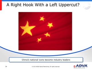 A Right Hook With a Left Uppercut?




        China‟s national icons become industry leaders


14               © 2013 ADVA Optical Networking. All rights reserved.
 